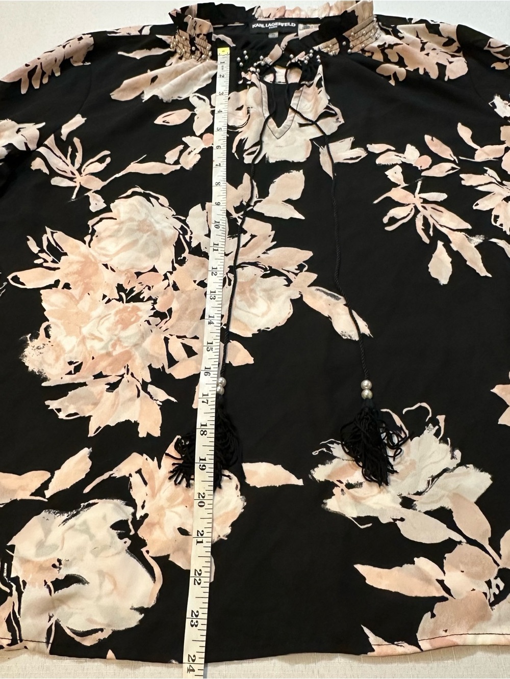 Karl Lagerfeld Paris Floral Pearl Embellished Tassel Blouse XL - Picture 7 of 15